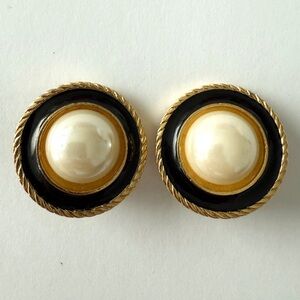Vintage Large Faux Pearl & Black Enamel Clip On Earrings